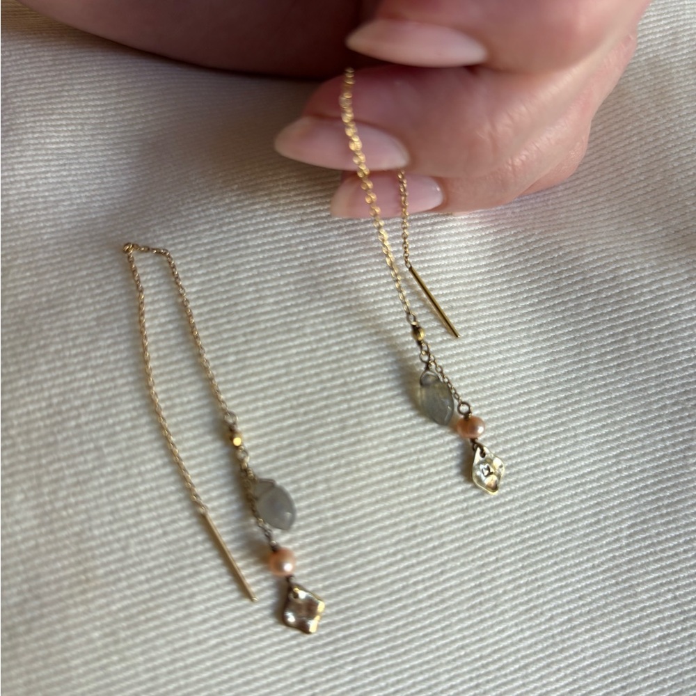 Delicate Gold Threader Earrings with Gray and Peach Beads